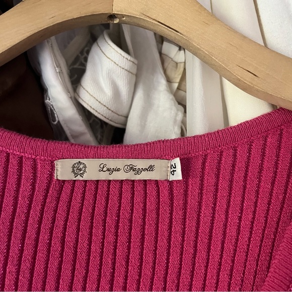 LUZIA FAZZOLI pink thick rib knit stretchy glitter metallic surplice bodysuit - Picture 5 of 6